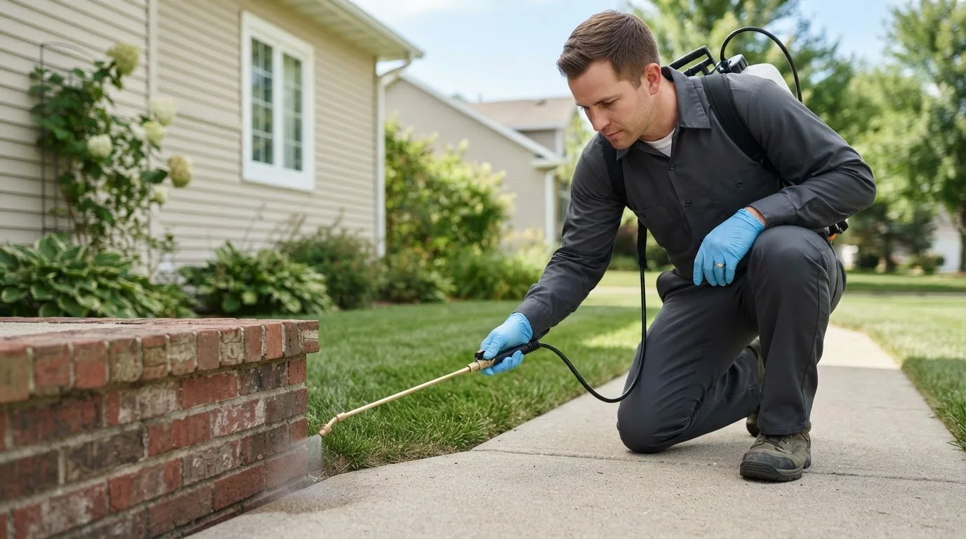 Pest control technician treating a home near Traphill, NC